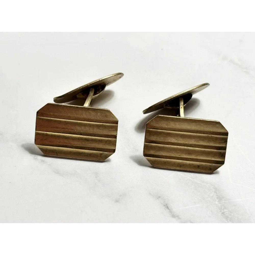 Vintage Art Deco Gold Tone Ribbed Clipped Corner Cufflinks Am.D Makers Mark Mens